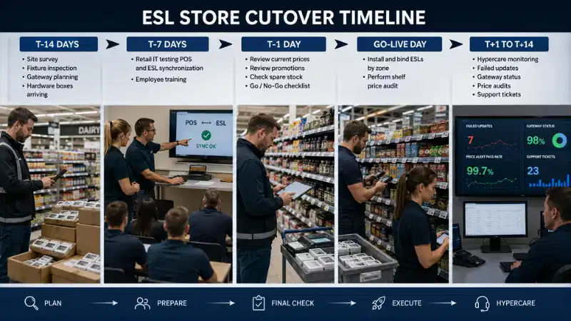Electronic shelf label store cutover timeline from T-14 days through post-go-live hypercare Electronic shelf label store cutover timeline from T-14 days through post-go-live hypercare